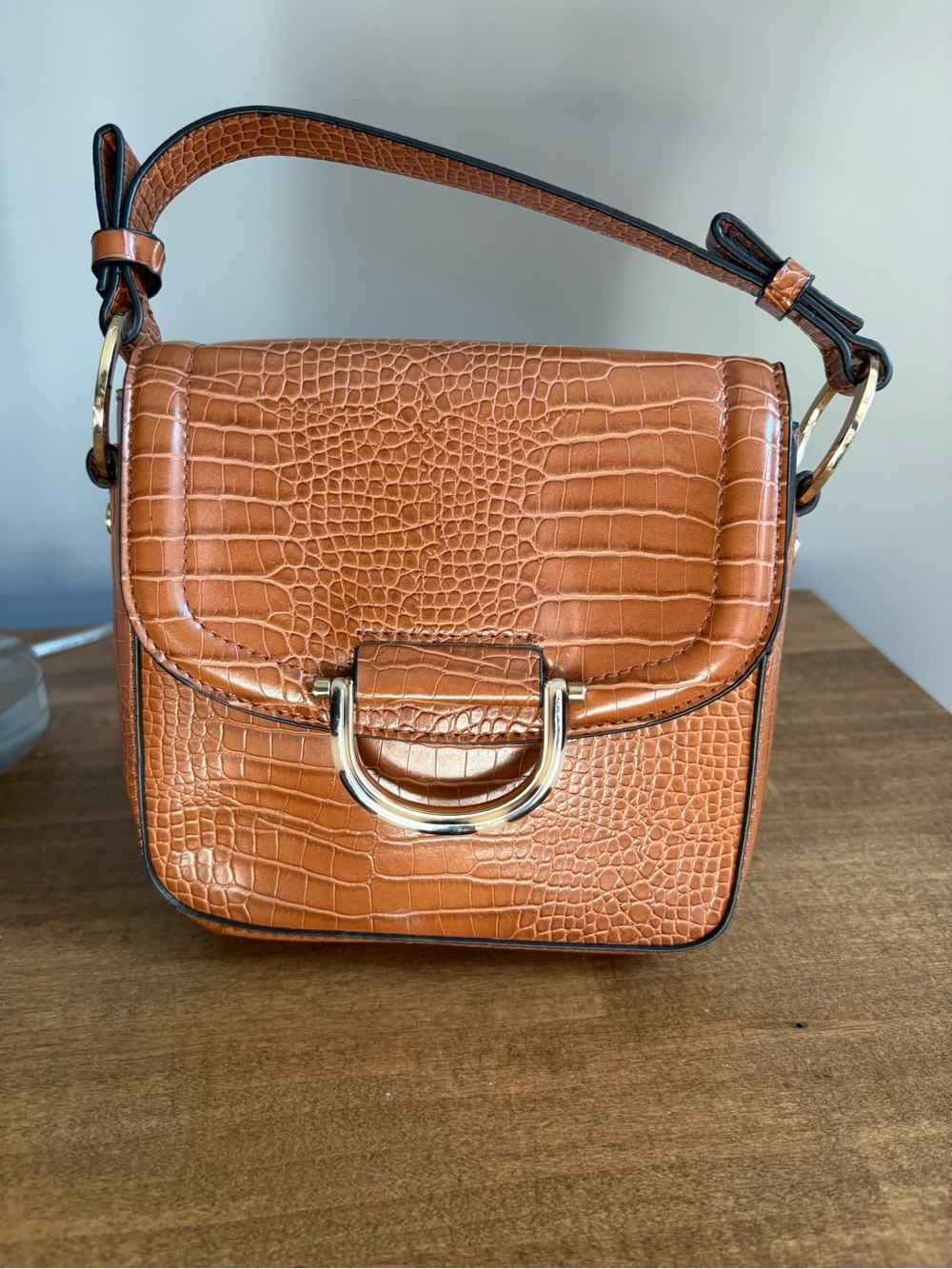 Topshop Cognac Croc-Embossed Shoulder Bag with Gold Hardware